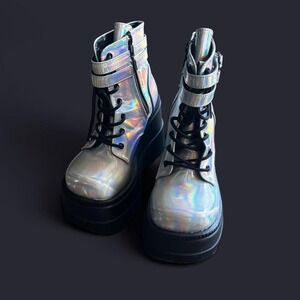 Sz6 silver hologram demonia platform shaker 52 boots goth rave festivalwear